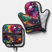 Psychedelisches Surreal-Aquarellmuster Ofenhandschuh & Topflappen-Set (Vorderseite/Rückseite)