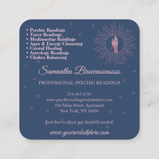 Psychisch Medium Astrologist Navy Therapie Heilung Quadratische Visitenkarte (Rückseite)