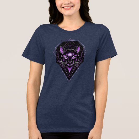 Psychisches Schwarzes KatzenHalloween Tri-Blend Shirt (Vorderseite)
