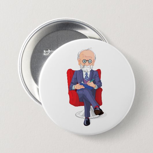 Psychologe im Anzug mit Notepad Sitzen Button (Vorne & Hinten)