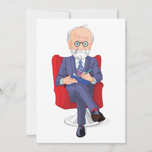 Psychologe im Anzug mit Notepad Sitzen Einladung (Vorderseite)