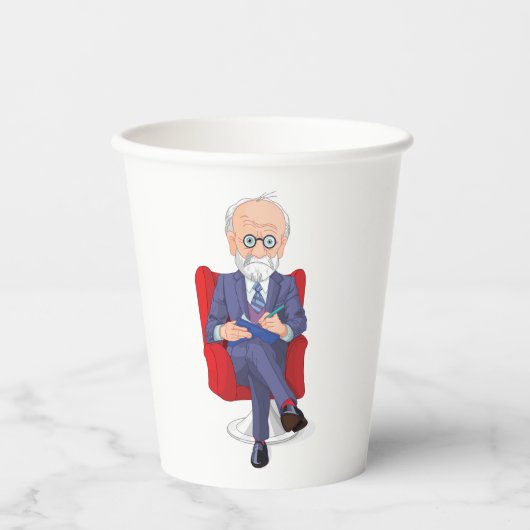 Psychologe im Anzug mit Notepad Sitzen Pappbecher (Vorderseite)