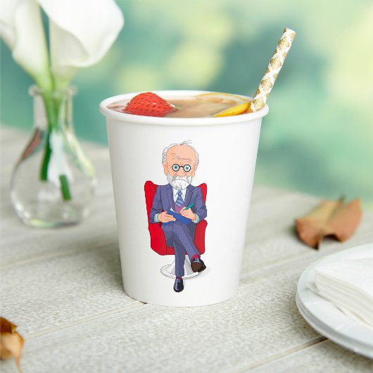 Psychologe im Anzug mit Notepad Sitzen Pappbecher