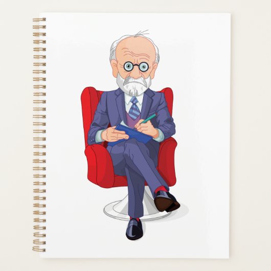 Psychologe im Anzug mit Notepad Sitzen Planer (Vorderseite)