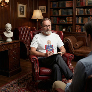 Psychologe im Anzug mit Notepad Sitzen T-Shirt