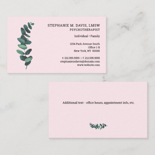 Psychotherapeut Eucalyptus Pink Business Card Visitenkarte (Vorne/Hinten)