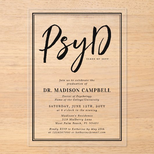 PsyD Doktor der Psychologie-Absolventin Acryleinladungen (Vorderseite)