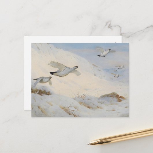Ptarmigan stürzt im Winter ab und fliegt über den Postkarte (Vorderseite/Rückseite Beispiel)
