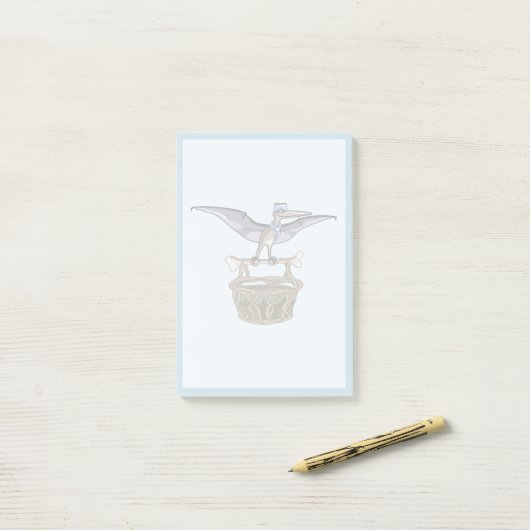 Pteranodon trägt einen Korb Post-it Klebezettel (Auf Schreibtisch)