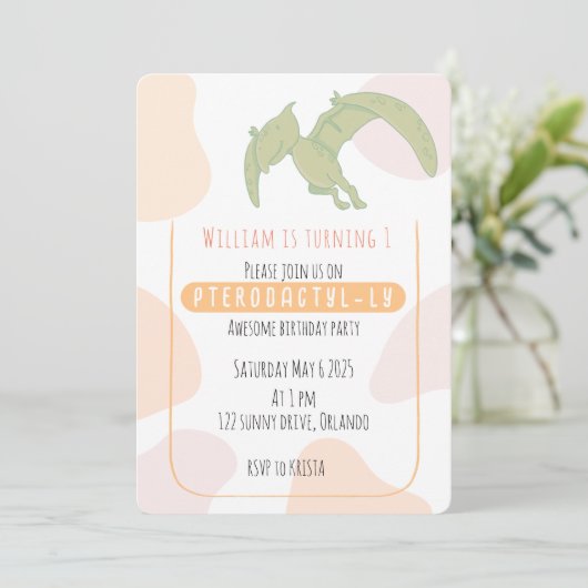 Pterodactyl Kinder Einladung zur ersten Geburtstag (Stehend Vorderseite)