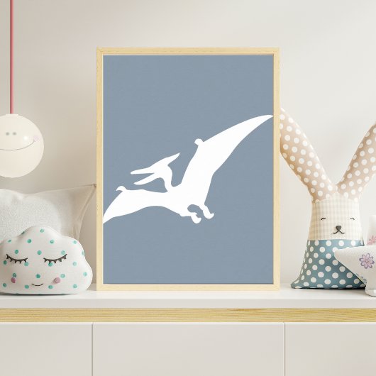 Pterodactyl Silhouette Nursery Wall Art Blue Dino Poster