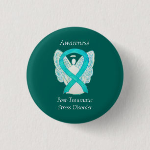 PTSD Awareness Ribbon Aquamarin Angel Custom Art B Button