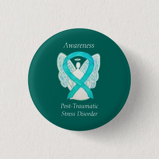 PTSD Awareness Ribbon Aquamarin Angel Custom Art B Button (Vorderseite)