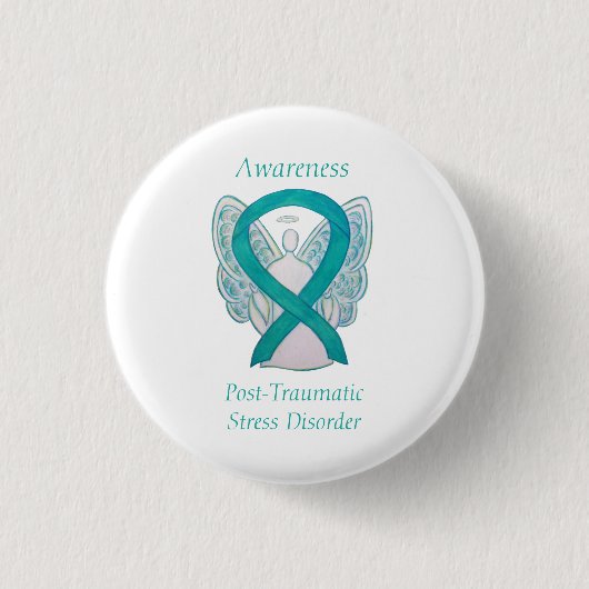 PTSD Awareness Ribbon Aquamarin Angel Custom Art B Button (Vorderseite)