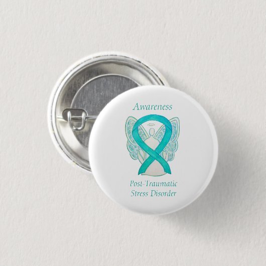 PTSD Awareness Ribbon Aquamarin Angel Custom Art B Button (Vorne & Hinten)