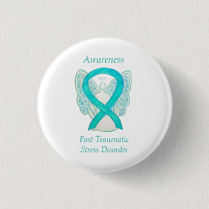 PTSD Awareness Ribbon Aquamarin Angel Custom Art B Button