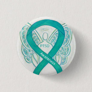 PTSD Awareness Ribbon Aquamarin Angel Custom Art B Button
