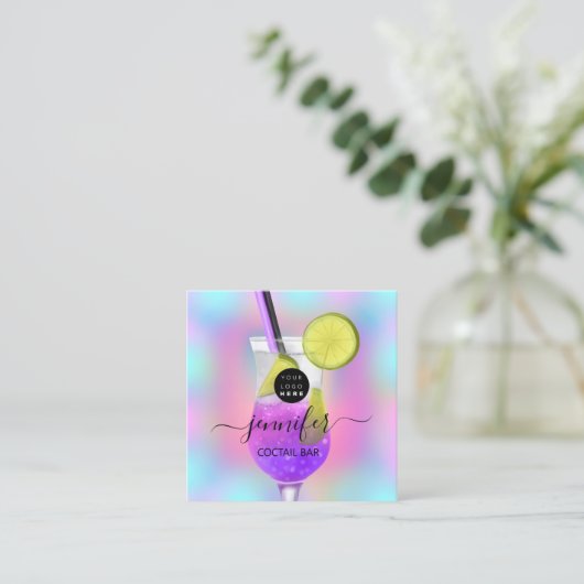 Pub Drinks Bar Restaurant Logo Holograph Pink Glas Quadratische Visitenkarte (Stehend Vorderseite)