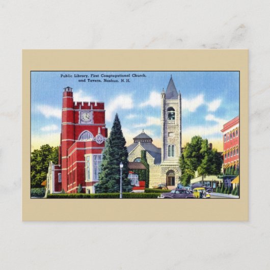 Public Library, Church, Tavern, Nashua NH Postkarte (Vorderseite)