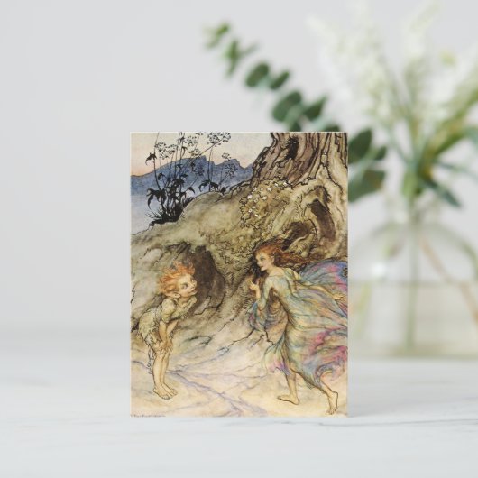 "Puck and a Fairy" Wasserfarbe von Arthur Rackham Postkarte (Stehend Vorderseite)