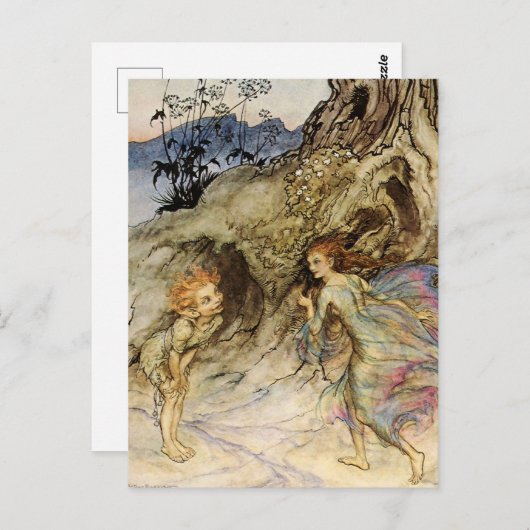 "Puck and a Fairy" Wasserfarbe von Arthur Rackham Postkarte (Vorne/Hinten)
