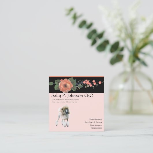 Pudel auf der schwarzen Melone mit Blumen Quadratische Visitenkarte (Stehend Vorderseite)