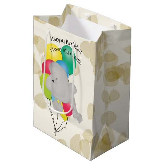 Pudel auf TAN-Blätter mit Ballonen Mittlere Geschenktüte (Vorderseite Schrägansicht)