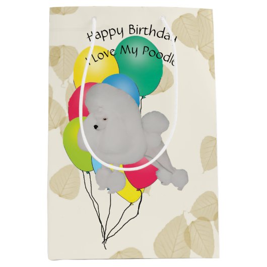 Pudel auf TAN-Blätter mit Ballonen Mittlere Geschenktüte (Vorderseite)