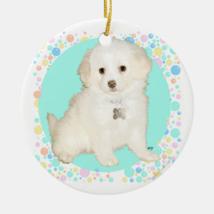 Pudel / Bichon Mischlingswelpe feiert das Leben Keramik Ornament
