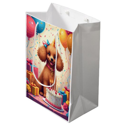 Pudel-Geburtstagsfeier Mittlere Geschenktüte (Vorderseite Schrägansicht)