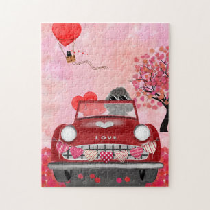 Pudel-Hund-Auto mit Herzen Valentinstag Puzzle