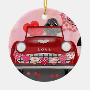Pudel-Hund-Auto mit Herzen zum Valentinstag Keramik Ornament