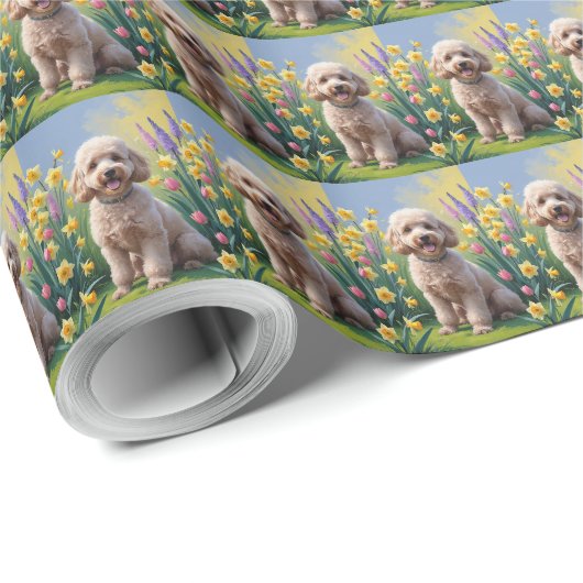 Pudel-Hund-Frühlingsblumen-Gemälde Geschenkpapier (Rolleneckpunkt)
