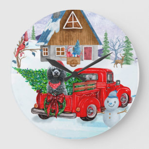 Pudel-Hund im Weihnachts-Lieferwagen Schnee Große Wanduhr
