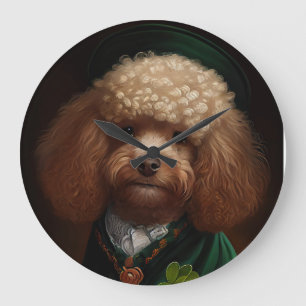 Pudel-Hund in St. Patrick's Day-Kleid Große Wanduhr