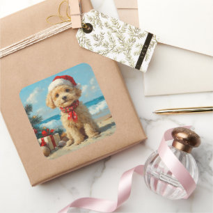 Pudel-Hund Weihnachten Vintage Strand Quadratischer Aufkleber