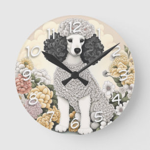 Pudel in fantastischen Blumen  Runde Wanduhr