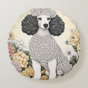 Pudel in fantastischen Blumen  Rundes Kissen