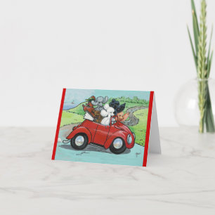 Pudel in rotem Vintage-Cabrio Karte