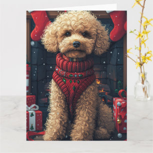 Pudel mit Weihnachtsgeschenken am Kamin Karte