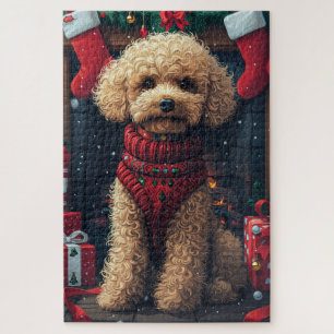 Pudel mit Weihnachtsgeschenken am Kamin Puzzle