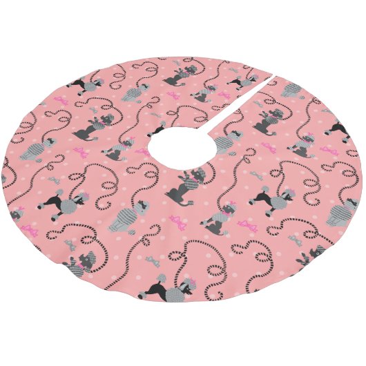 Pudel-Rock-Retro rosa und schwarzes 50er Muster Polyester Weihnachtsbaumdecke (Schrägansicht)