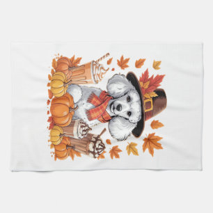 Pudel Thanksgiving Trinkt Kaffee Herbst Blätter Pu Geschirrtuch
