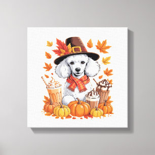 Pudel Thanksgiving Trinkt Kaffee Herbst Blätter Pu Leinwanddruck