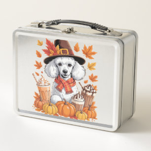 Pudel Thanksgiving Trinkt Kaffee Herbst Blätter Pu Metall Brotdose