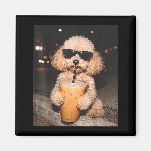 Pudel trinkt Eiskaffee lustiger Hund Meme Magnet (Vorne)