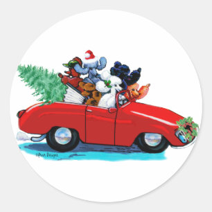 Pudel Weihnachten Vintage Auto Kunst Druck Runder Aufkleber