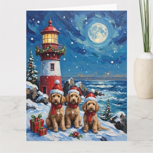Pudel-Weihnachts-Leuchtturm-Feier Karte (Vorderseite)