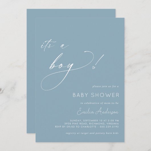 Puderblau | Einfach modern Es ist eine Baby-Dusche Einladung (Vorne/Hinten)