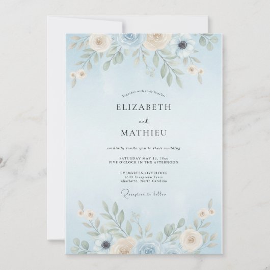 Puderblaue Blatt-Hochzeit Einladung (Vorderseite)